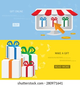 Vector online shopping gifts concept illustration. Web shop. Internet store. E-commerce and internet banking.
