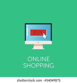 Vector online shopping icon. Concept of online shop. Cursor on button 'buy'. Flat style design