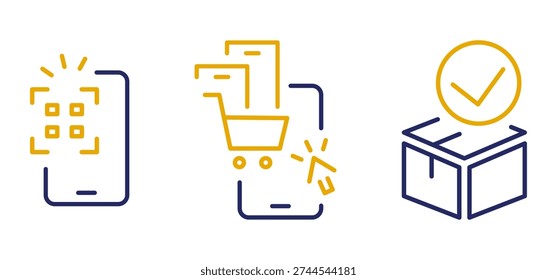 Vector online shopping icons, QR code scanning icon set, product selection via smartphone