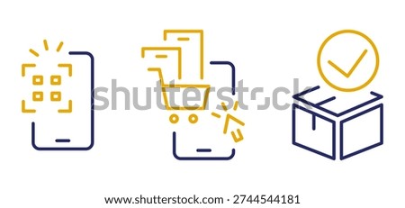Vector online shopping icons, QR code scanning icon set, product selection via smartphone