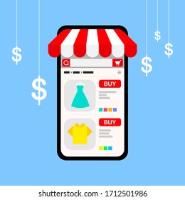 Vector online shopping on interface of smartphone, illustration