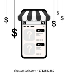 Vector online shopping on interface of smartphone, monochrome color, illustration