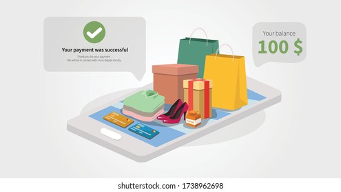 Vector de compras en línea por teléfono móvil a través de la aplicación y confirmación de pago 