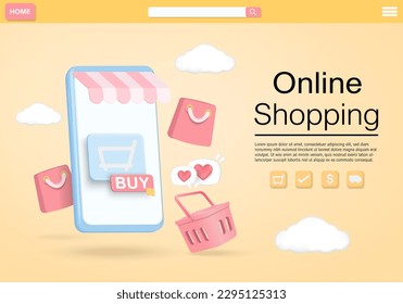 Vector Online shopping on social media app. 3d Smartphone with shopping bag, delivery, 24 hours, promotion discount digital stores, web illustration