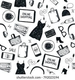 Vector online shopping seamless pattern. Black and white, hand drawn