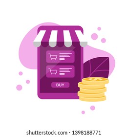 Vector online shopping using a smartphone using a mobile app. Purple and orange illustration isolated from white background.