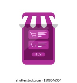 Vector online shopping using a smartphone using a mobile app. Purple and orange illustration isolated from white background.