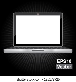 Vector : Online and Social Media Concept Present By Realistic Laptop PC With Blank Screen For Your Own Text Message in Dark Shiny Background