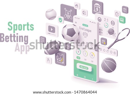 Vector online sports betting app concept. Smartphone with roulette, casino chips or tokens, blackjack playing cards, dices and neon sign