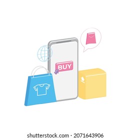 Vector tienda online en un smartphone de caricatura 3d. Compras volumétricas en bolsas de papel, cajas amarillas. botón Comprar con cursor de flecha en el sitio web, aplicación. Orden formal en Internet. Compras. Negocios.