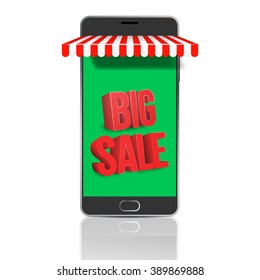 Vector online store concept - mobile smart phone  with awning and greed screen. Big sale announcement