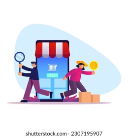 concepto de tienda en línea vectorial. gente y smartphone con aplicación para productos de belleza internet