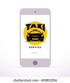 Vector online taxi service logo design isolated on smartphone. Mock up. Human han holding smartphone flat illustration. Car icon. 