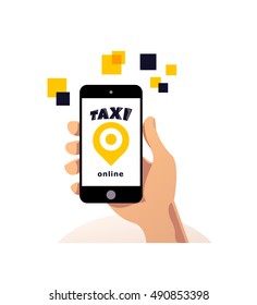 Vector online taxi service logo design isolated on smartphone. Mock up. Human han holding smartphone flat illustration. Map tag icon. 