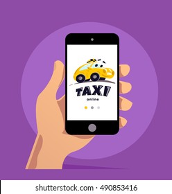 Vector online taxi service logo design isolated on smartphone. Mock up. Human han holding smartphone flat illustration. Car icon. 