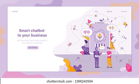 Vector Online Technical Customer Support Company. Flat Banner Illustration Smart Chatbot to Your Business. Robot Answers Man Question. Voice Control Device. Mobile Phone Screen. Search System