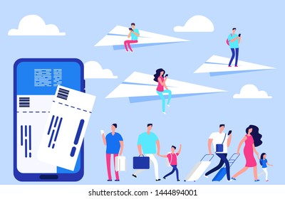 Vector online tickets concept. Travellers, smartphone with tickets, paper planes illustration. Smartphone online app for booking airplane flight