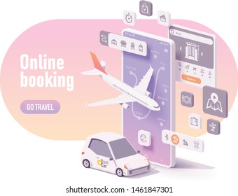 Vector online travel planning illustration, hotel booking or buying airline tickets, rental car reservation, trip planner app concept. Smartphone, airplane, car for hire