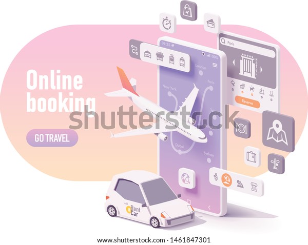 Vector online travel
planning illustration, hotel booking or buying airline tickets,
rental car reservation, trip planner app concept. Smartphone,
airplane, car for hire