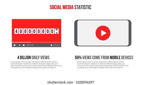 Vector online video infographic statistic. Smartphone with video player on the screen.