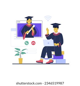 Vector de ilustración virtual de graduación en línea. Ilustración vectorial plana aislada en fondo blanco