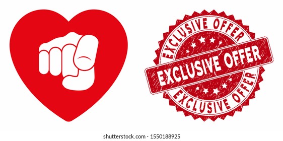 Vector only your heart icon and grunge round stamp seal with Exclusive Offer text. Flat only your heart icon is isolated on a white background.