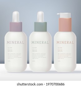 Vector Opaque Matte White Dropper Bottle and Mini Serum Pump or Dispenser Bottle with Pastel Color Collar Design.
