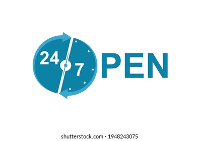 Vector Open 24 7 sign isolated on white background, blue color.