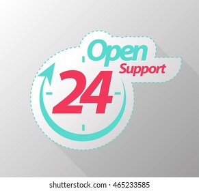 Vector Open 24 support with clock arrow sticker. Vector illustration. Can use for banner and sticker.