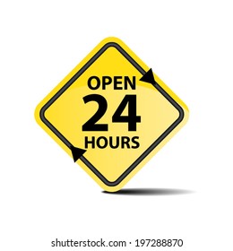 Vector : Open 24/7 365 Days Yellow Sign for Customer Service or CRM Concept Isolated on White Background.