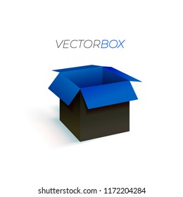 Vector Open Black and Blue Box, 3D Object with Shadow Isolated on White Background, Design Element Blank Template.