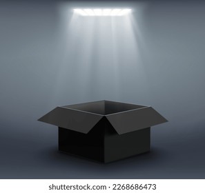 Vector open black cardboard box illuminated by a spotlight. Empty template