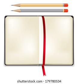 Vector open blank book, sketchbook with ribbon and pencils 