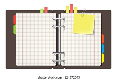 Vector open blank notebook with bookmarks and a sticky note. EPS10