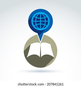 Vector open book with blank sheets placed in a circle, illustration of a simple disclosed book and a speech bubble with a globe. Encyclopedia icon.