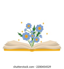  Vector open book with a bouquet of beautiful flowers and stars.