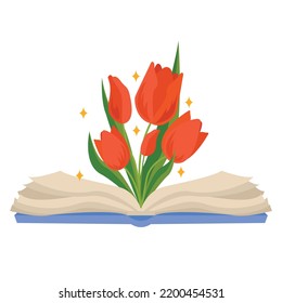  Vector libro abierto con un ramo de hermosas flores y estrellas.