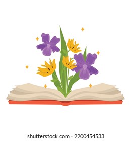  Vector libro abierto con un ramo de hermosas flores y estrellas.