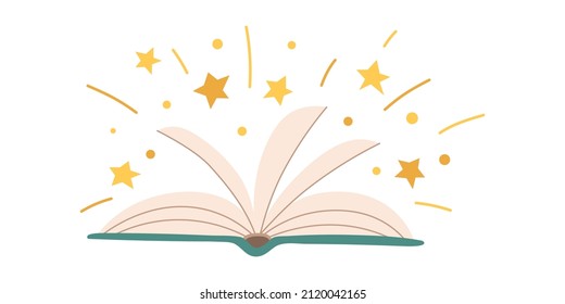 Vector open book with flying stars. Magic reading. Knowledge. Fairy tale.