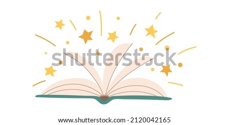 Vector open book with flying stars. Magic reading. Knowledge. Fairy tale.