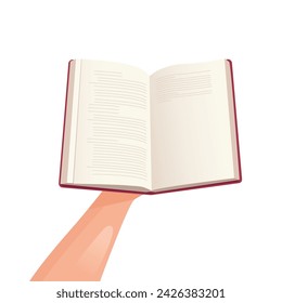 Vector open book in a human hand. Reading hobby concept. Vector book in hands. World Book Day