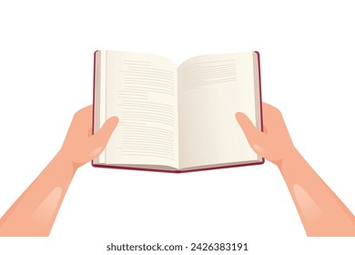 Vector open book in human hands. Reading hobby concept Vector book in hands. World book day