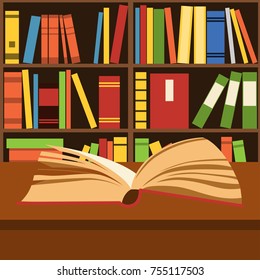 Vector open book lying on a desk in a library