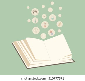 Vector open book with pages on green background. Education  vector graphic.