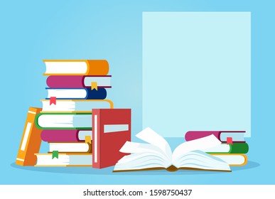Vector of an open book and pile of books on blue background 