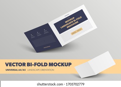 Plantilla de folleto abierto para vectores, portada de folleto comercial con un patrón abstracto, sombras realistas para la presentación del diseño. Multitud universal A4 en blanco, bipliegue horizontal A5 aislado en segundo plano