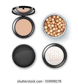 Vector Open Bronzing Pearls box with Black Cap Rouge Balls and Face Cosmetic Makeup Powder Top View Isolated on White Background