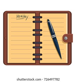 Vector Open Brown Organizer with Pen and Text: Monday