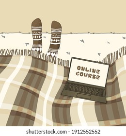 Vector open brown outline laptop is on retro plaid on bed in bedroom at home. Online educational course lettering is shown on screen. Human starts learning something, legs in knitted socks are shown