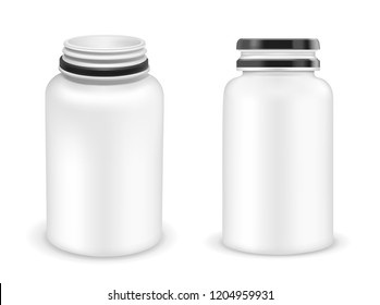 Vector open and closed plastic bottle for multivitamins or medication.